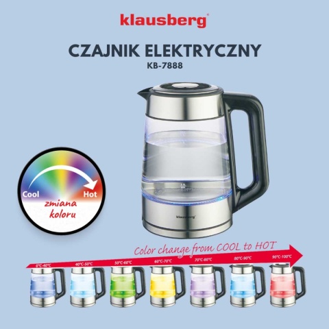 CZAJNIK ELEKTRYCZNY SZKLANY 1,7L KLAUSBERG KB-7888 LED RGB