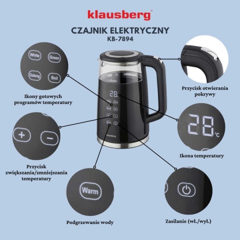 CZAJNIK ELEKTRYCZNY 1,7L KLAUSBERG KB-7894 LED REULACJA TEMPERATURY