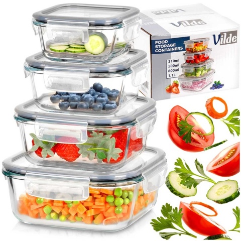 ZESTAW 4 SZKLANYCH POJEMNIKÓW NA ŻYWNOŚĆ Z POKRYWAMI I USZCZELKAMI 229236