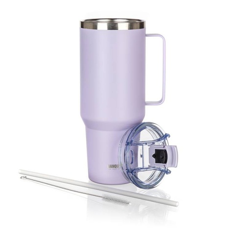 STALOWY KUBEK TERMICZNY TERMOS 1200ml Z RĄCZKĄ I SŁOMKĄ BANQUET TWAIN LILA