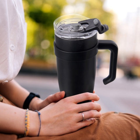 STALOWY KUBEK TERMICZNY TERMOS 1200ml Z RĄCZKĄ I SŁOMKĄ ORION 112284