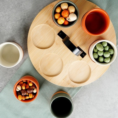 ZESTAW MISECZEK NA DREWNIANEJ TACY DO SERWOWANIA SOSÓW PRZEKĄSEK 139748