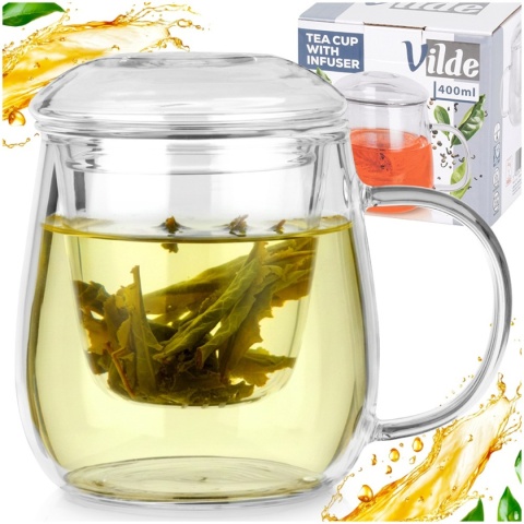KUBEK SZKLANY 400ml Z ZAPARZACZEM I POKRYWĄ 139816