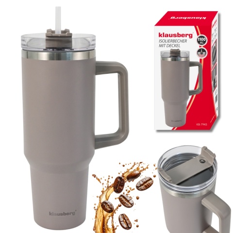 STALOWY KUBEK TERMICZNY TERMOS 1100ml Z RĄCZKĄ I SŁOMKĄ KLAUSBERG KB-7943