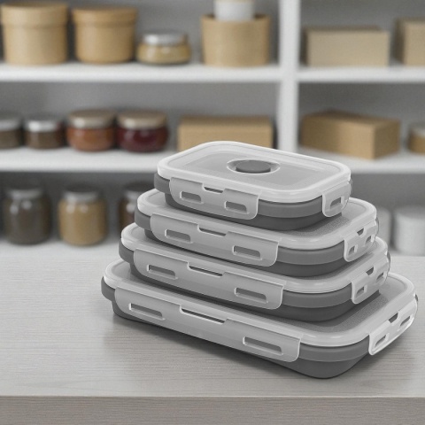 ZESTAW 4 SILIKONOWYCH SKŁADANYCH POJEMNIKÓW NA ŻYWNOŚĆ POKRYWAMI 3345