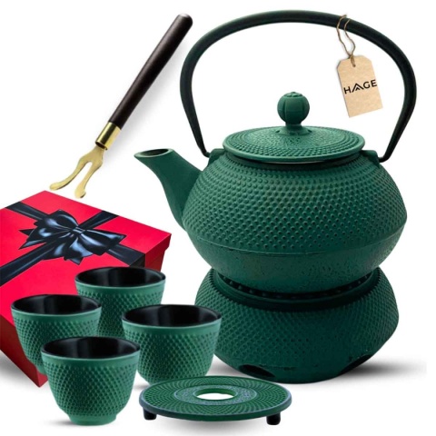 ZAPARZACZ ŻELIWNY DZBANEK ZIELONY 900ml Z PODGRZEWACZEM i FILIŻANKAMI PREZENT