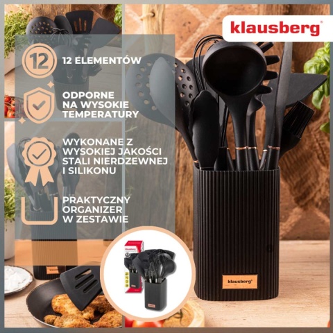 ZESTAW 12 SILIKONOWYCH PRZYBORÓW KUCHENNYCH W STOJAKU KLAUSBERG KB-9011