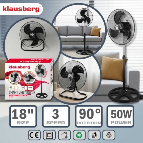 WENTYLATOR WIATRAK PODŁOGOWY BIURKOWY ŚCIENNY 3w1 KLAUSBERG KB-9042