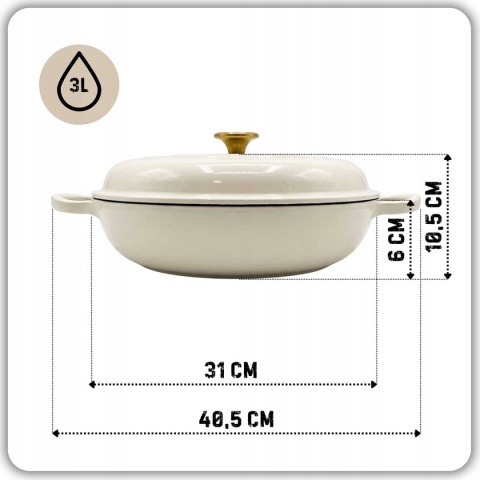 EMALIOWANY GARNEK ŻELIWNY PŁASKI 30cm 3L HAGE CREAM