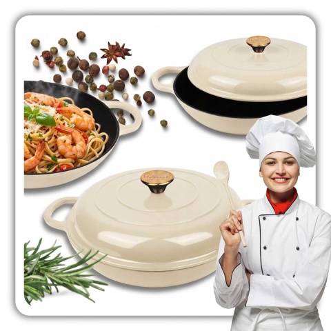 EMALIOWANY GARNEK ŻELIWNY PŁASKI 30cm 3L HAGE CREAM