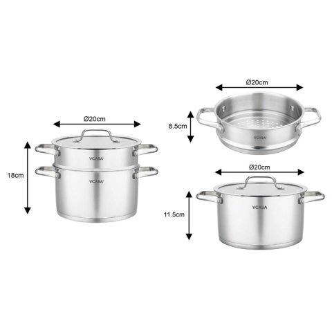 GARNEK STALOWY NA PARĘ 20cm 3 ELEMENTOWY VCASA VC-90117 AMARA